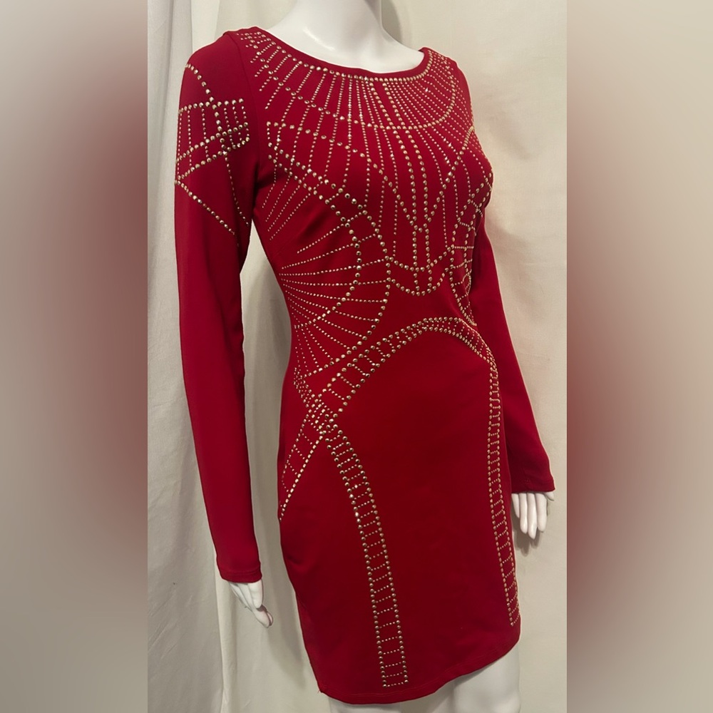 Bebe Sz M Red Embellished Bodycon Dress Gold Studs Cocktail Party Formal Elegant